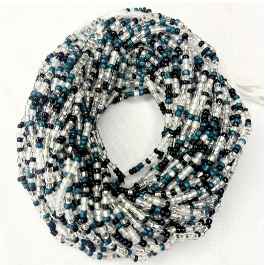 teal, silver, white, black waist beads
