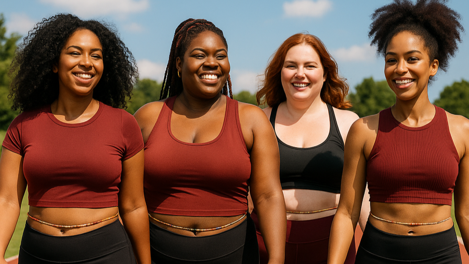 Four women in athletic wear standing on a track with a clear sky in the background