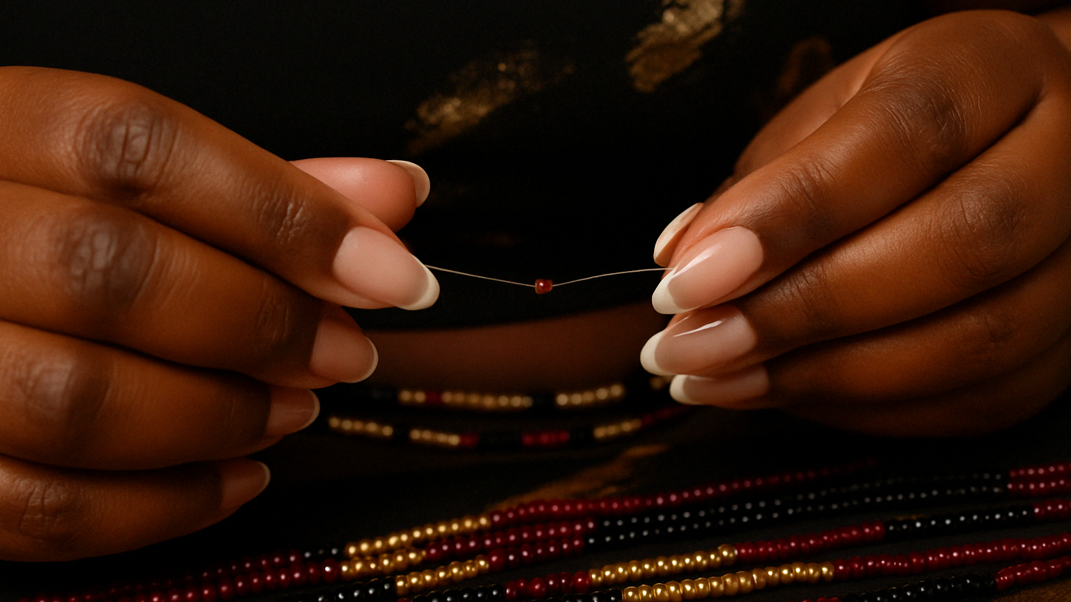 Close-up of hands threading beads on a string with a dark background